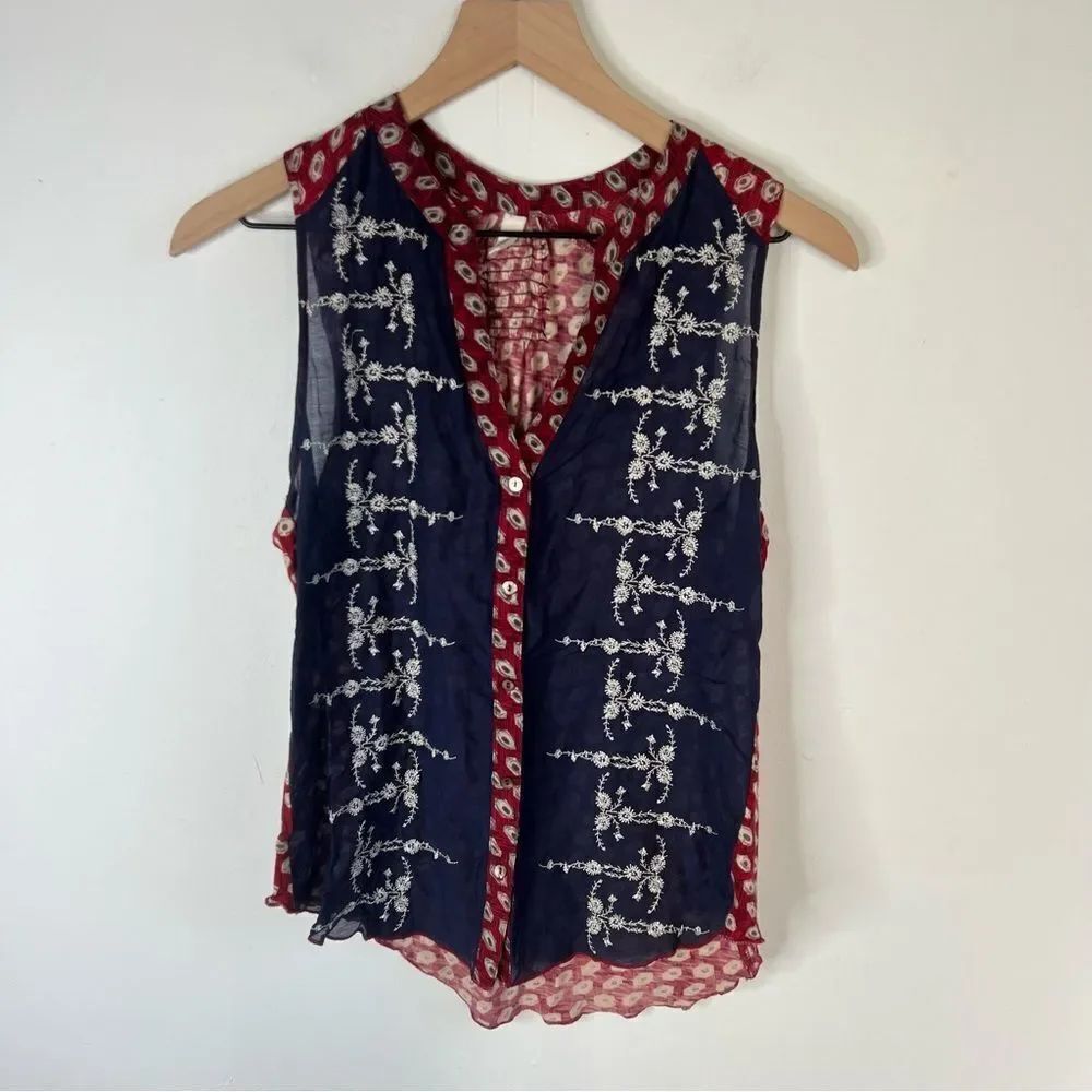 TINY Lightweight Navy and Red Embroidered Sleeveless Blouse XS